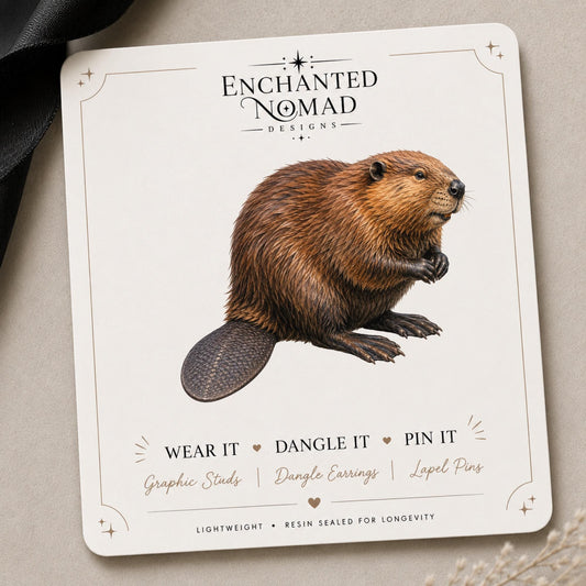 National Park Inspired Beaver Earrings & Pins on a display card