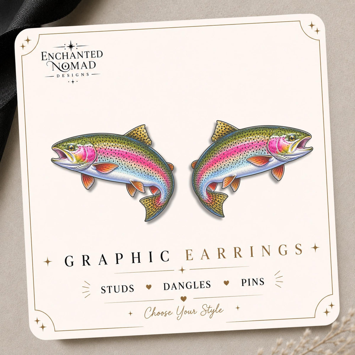 Rainbow Trout Earrings & Pins on original display card
