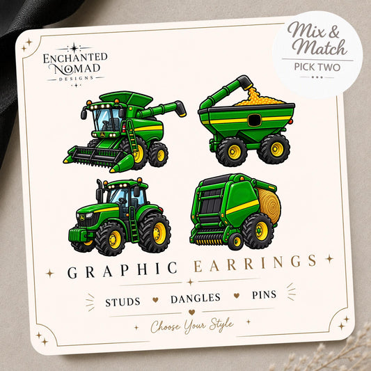 Farm Equipment Earrings & Pins on original display card