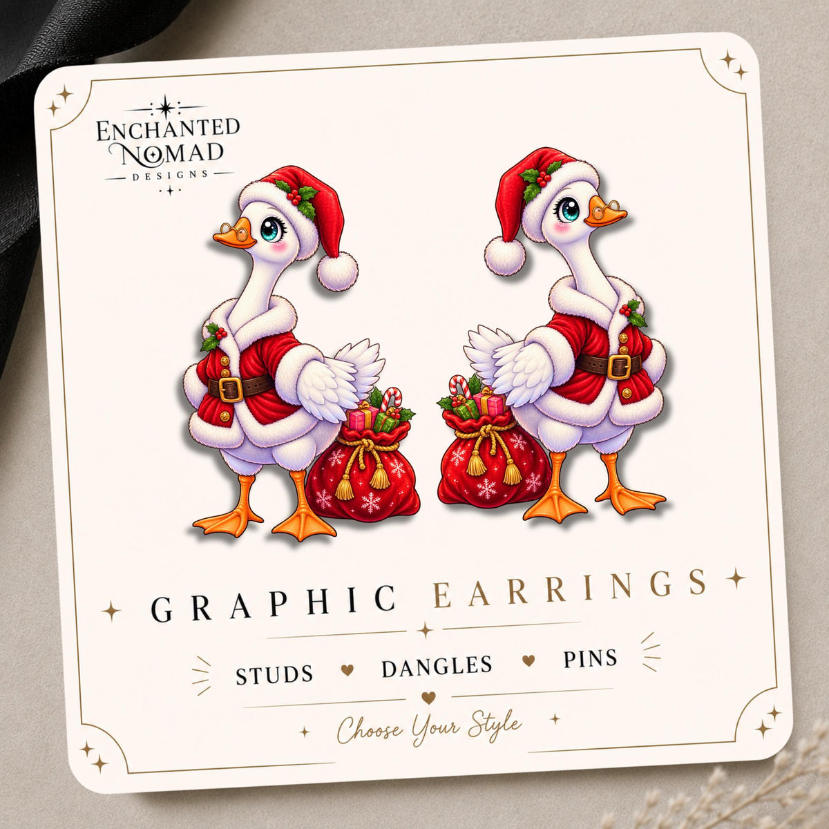 Santa Goose Earrings & Pins on original display card