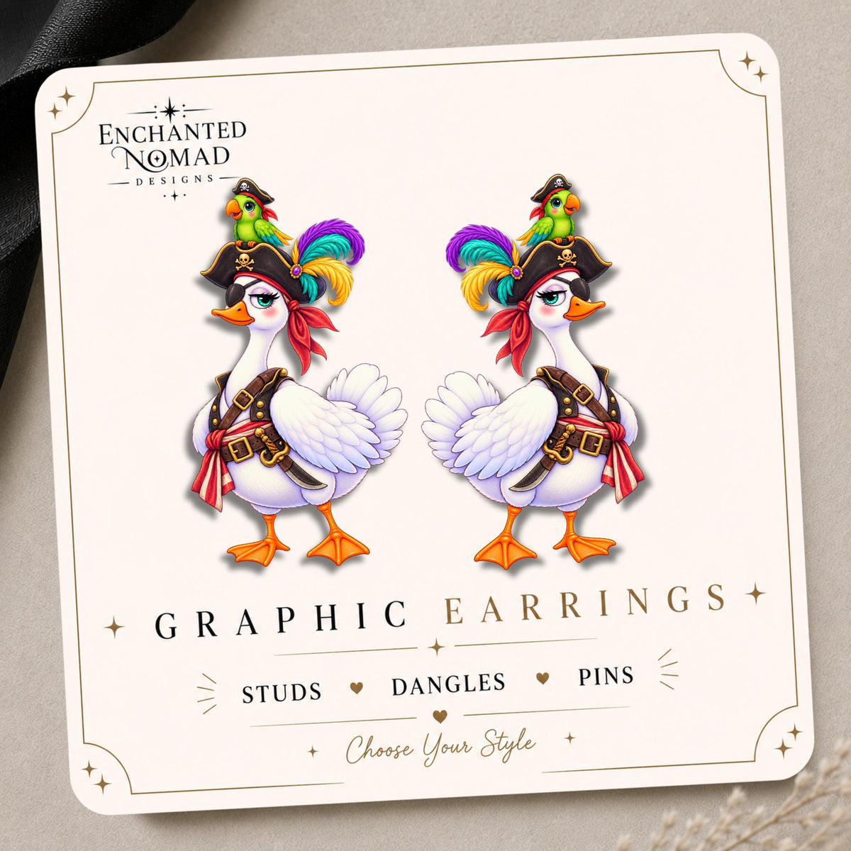 Pirate Goose with Parrot Earrings & Pins on original display card
