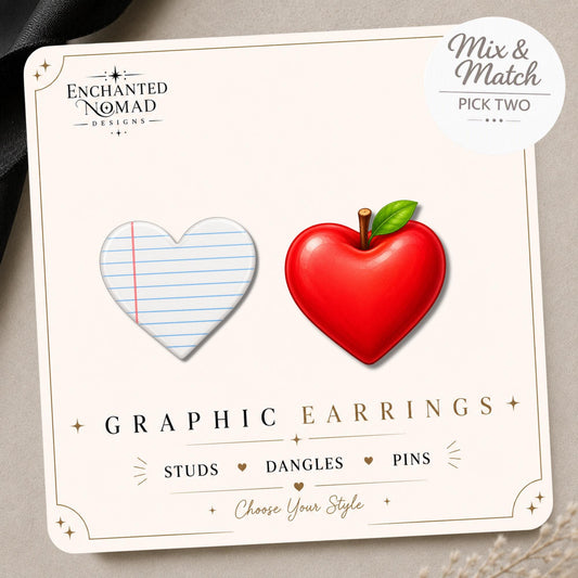 Apple & Notebook Paper Hearts Earrings on original display card