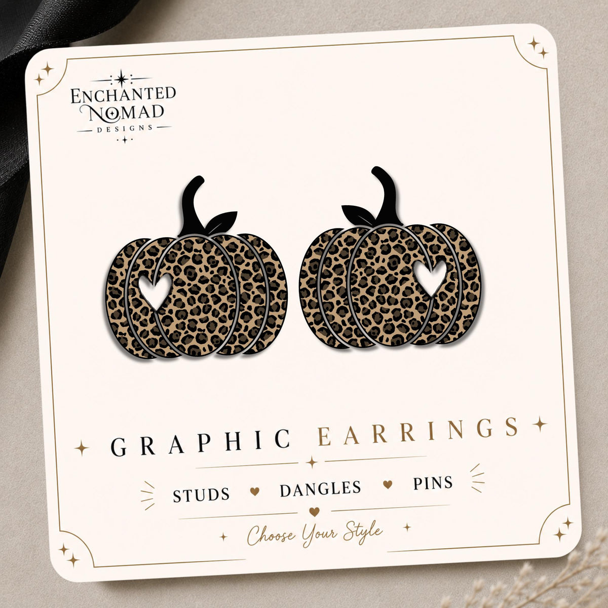 Leopard Print Pumpkin Earrings & Pins on original display card