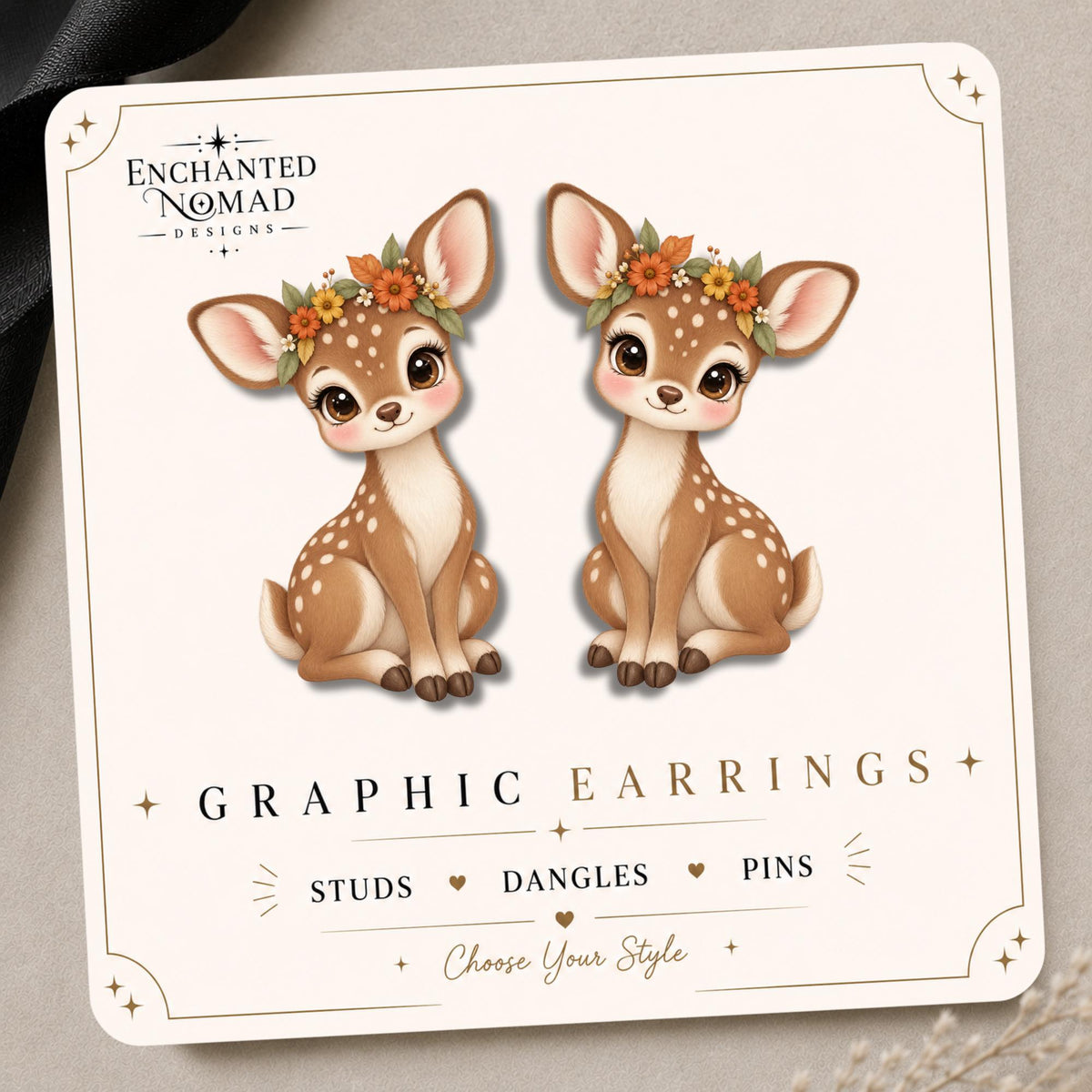 Fawn with Floral Crown Earrings & Pins on original display card