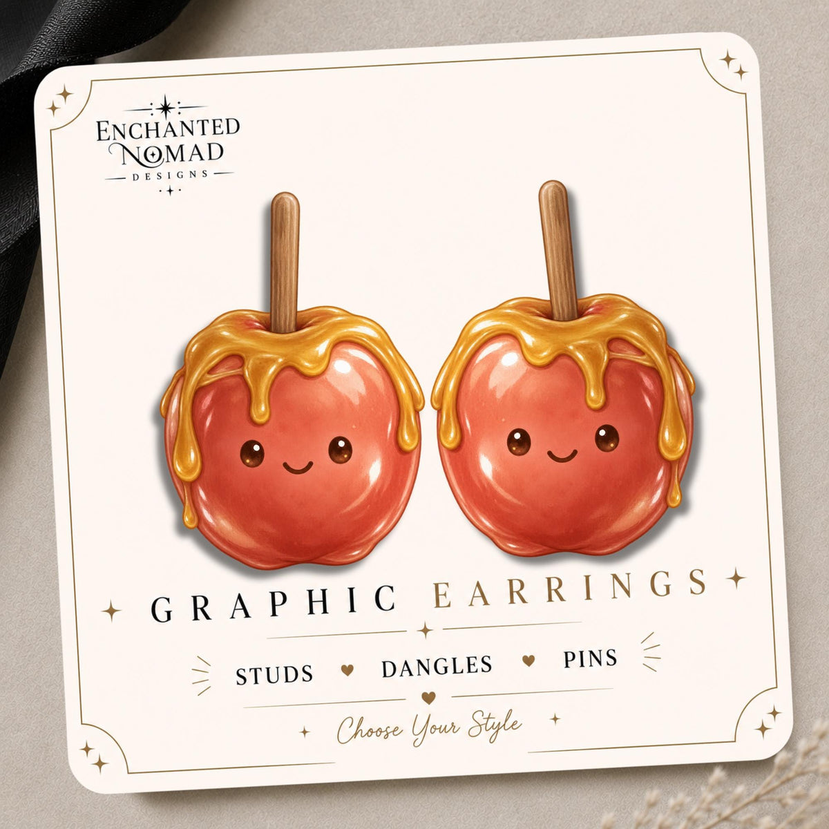 Caramel Apple Stud Earrings on a branded display card