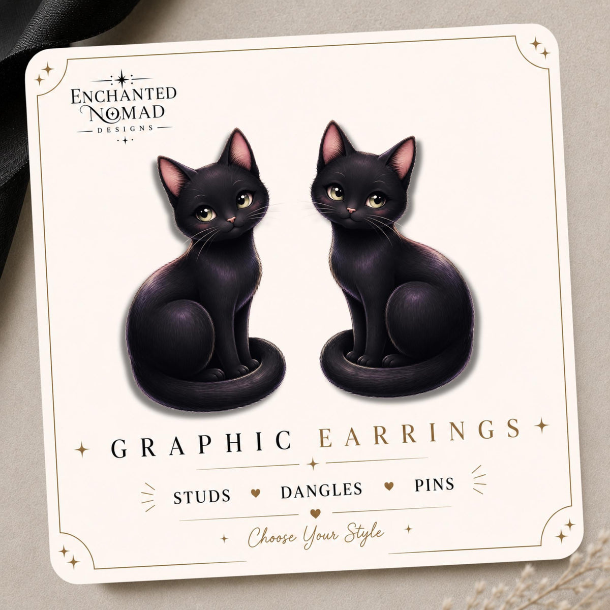 Sitting Black Cat Earrings & Pins on original display card