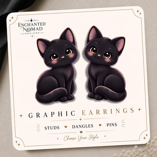 Round-Eyed Black Kitten Earrings & Pins on original display card