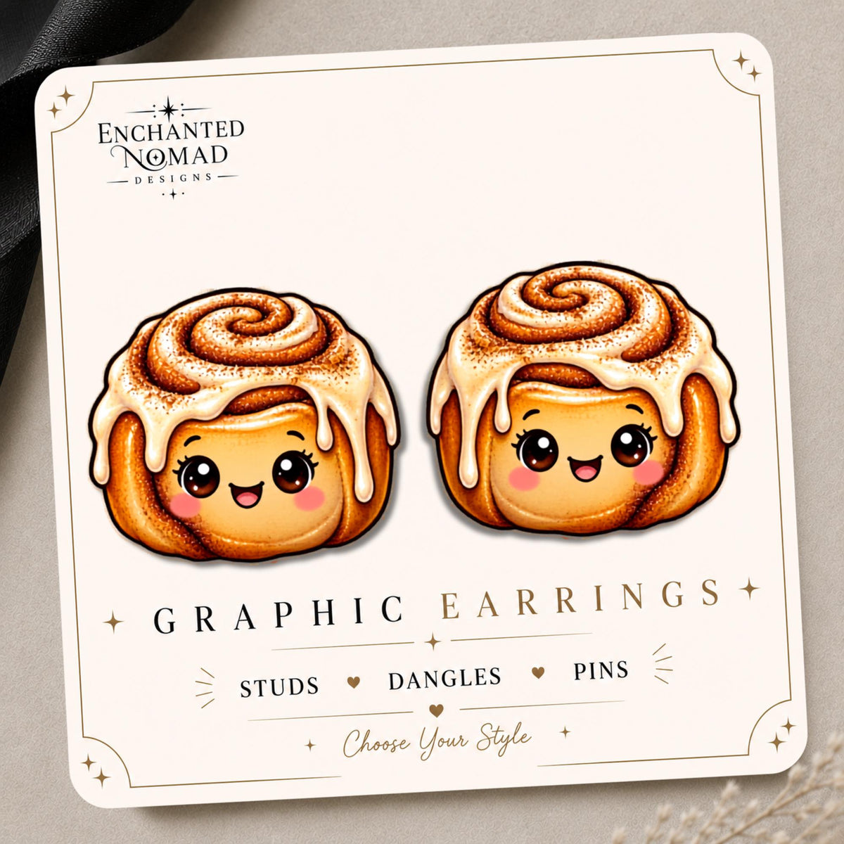 Iced Cinnamon Roll Earrings & Pins on original display card