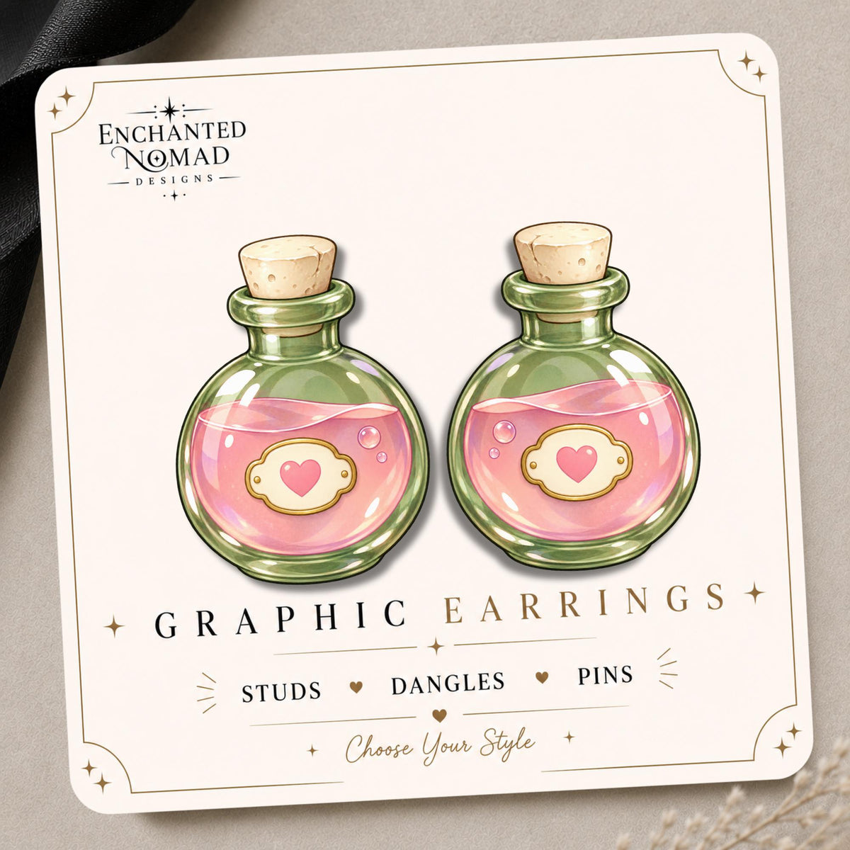 Pink Love Potion Bottle Earrings & Pins on original display card
