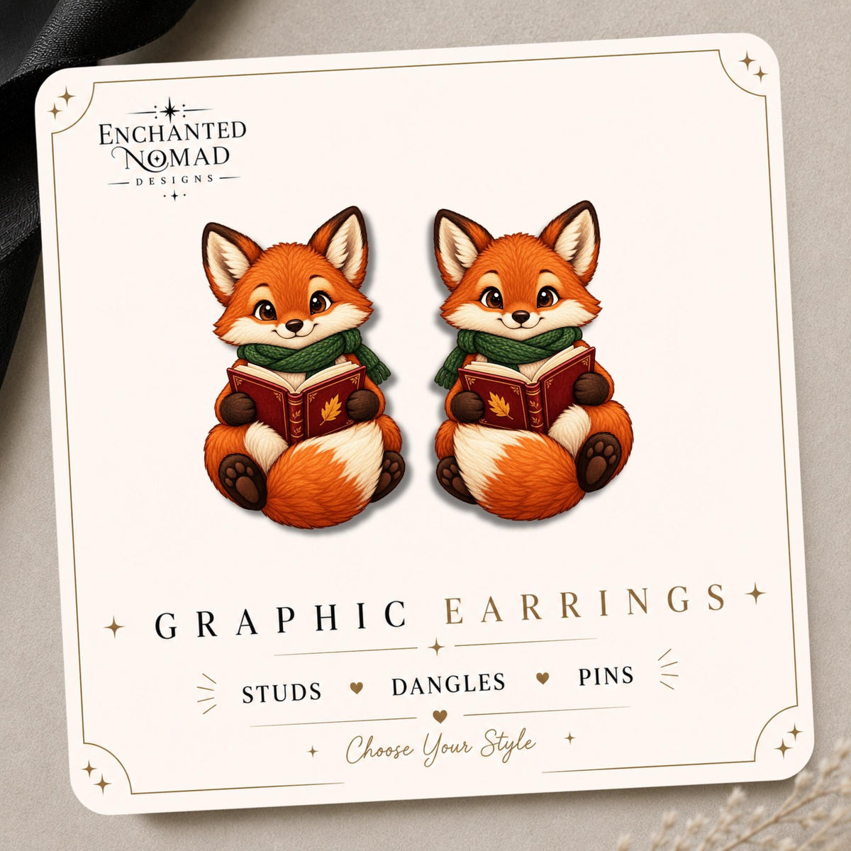 Reading Fox Earrings & Pins on original display card