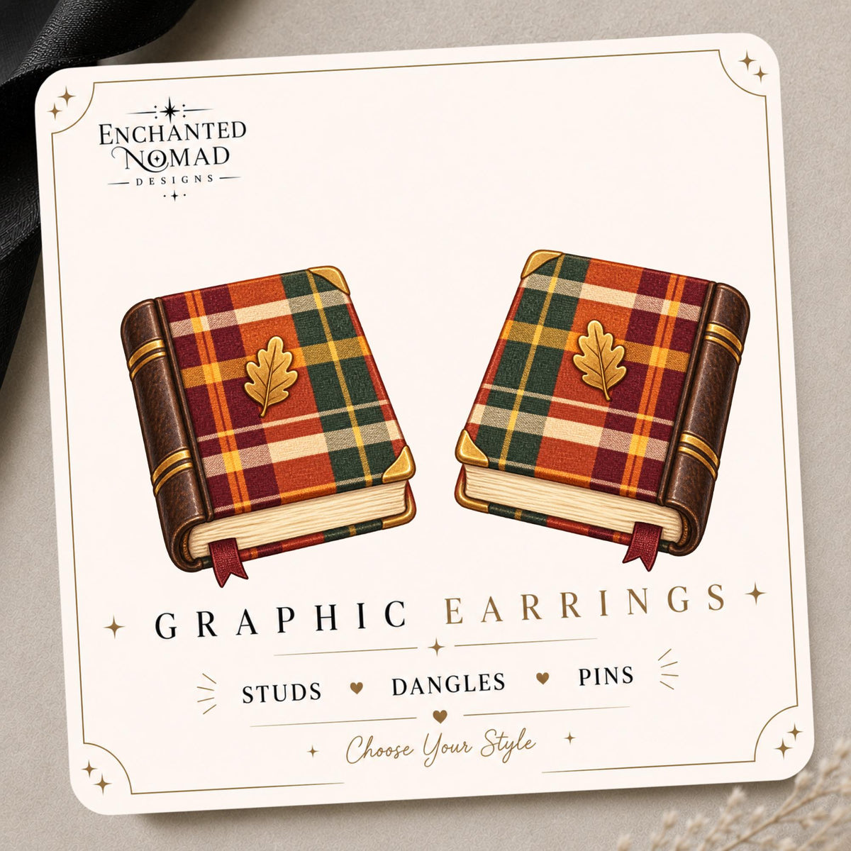 Autumn Plaid Book Earrings & Pins on original display card