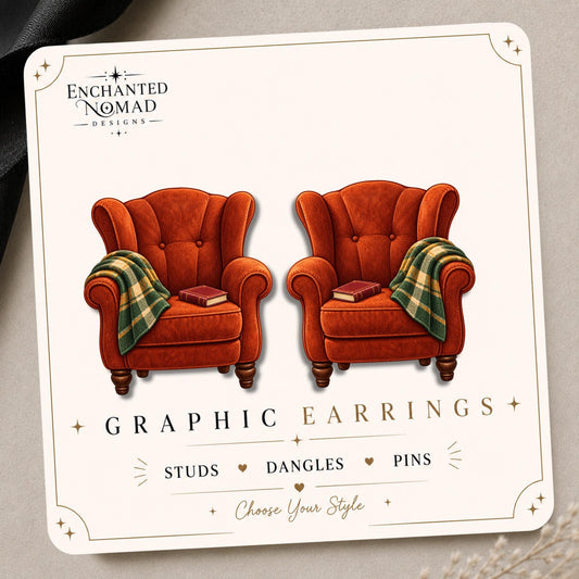 Cozy Reading Chair Earrings & Pins on original display card