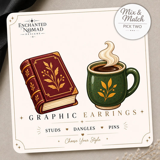 Book and Coffee Earrings on original display card