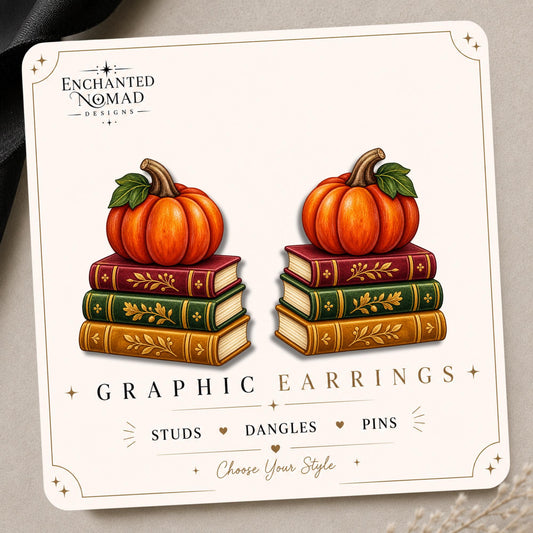 Pumpkin Book Lover Earrings & Pins on original display card