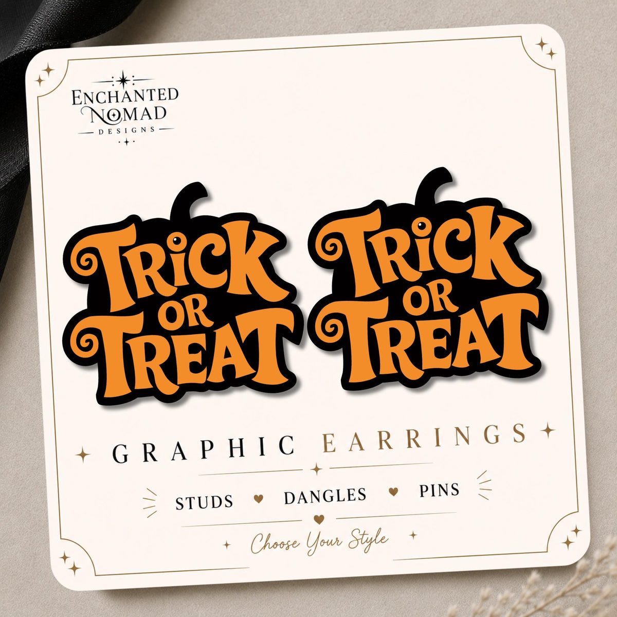 Retro Trick or Treat Pumpkin Earrings & Pins on original display card