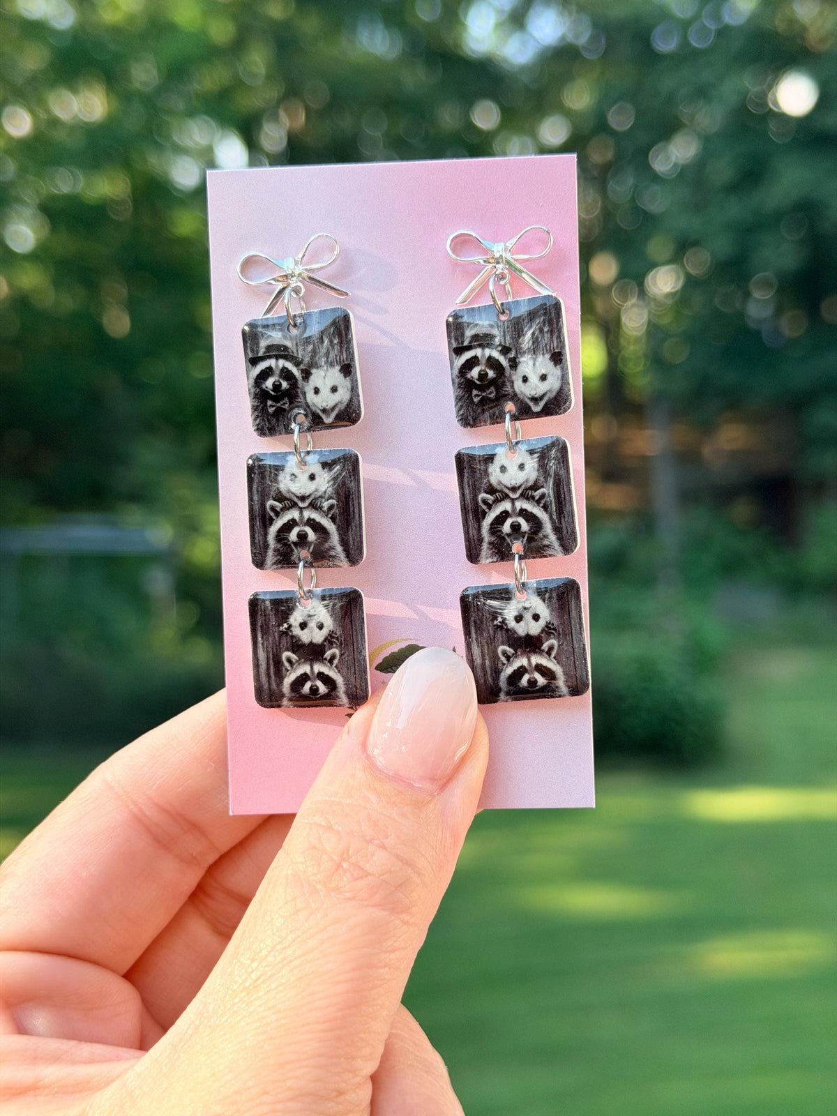Raccoon & Opossum Dangle Earrings on original display card