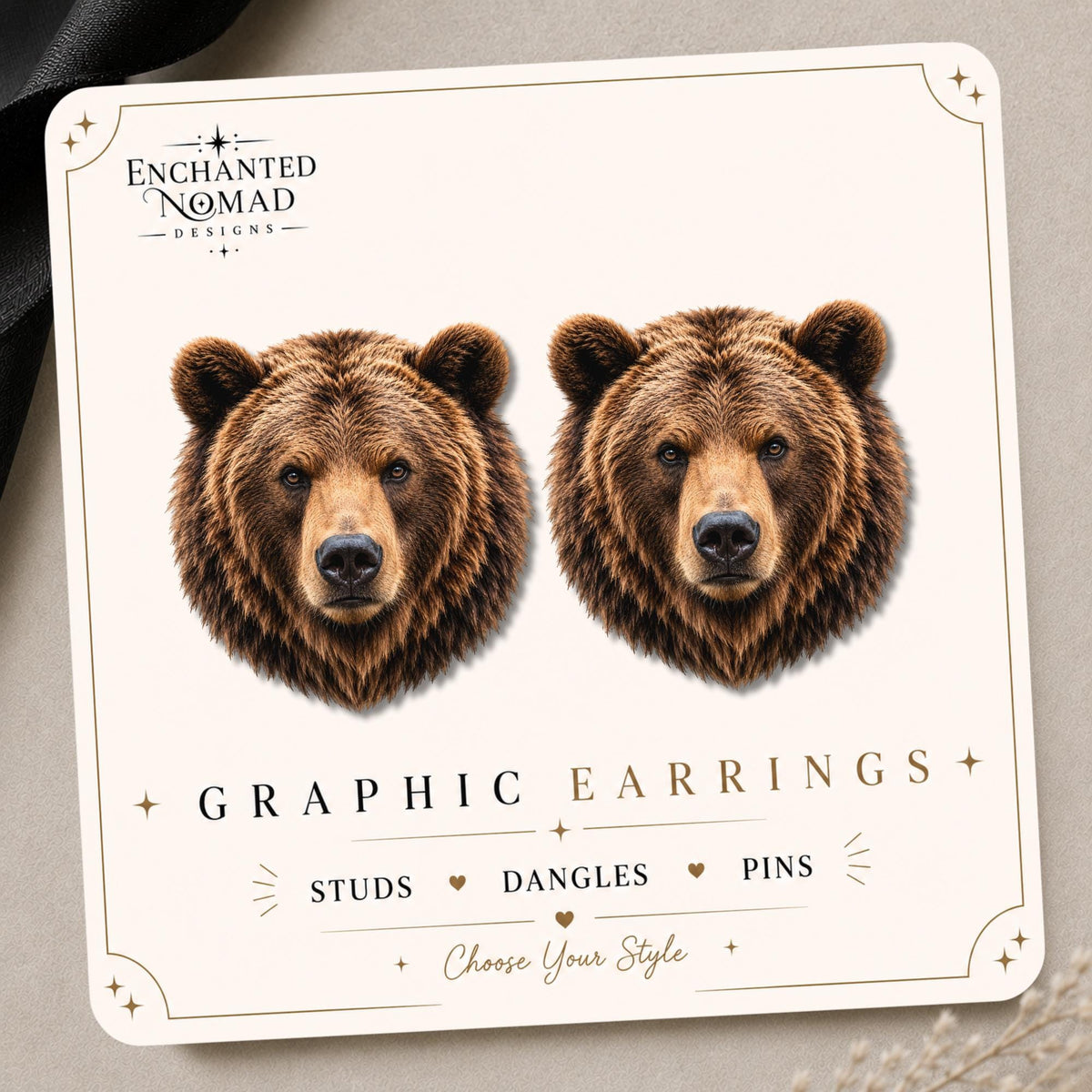 Grizzly Bear Head Earrings & Pins on a branded display card
