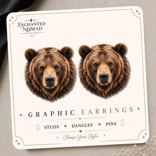 Grizzly Bear Head Earrings & Pins on a branded display card