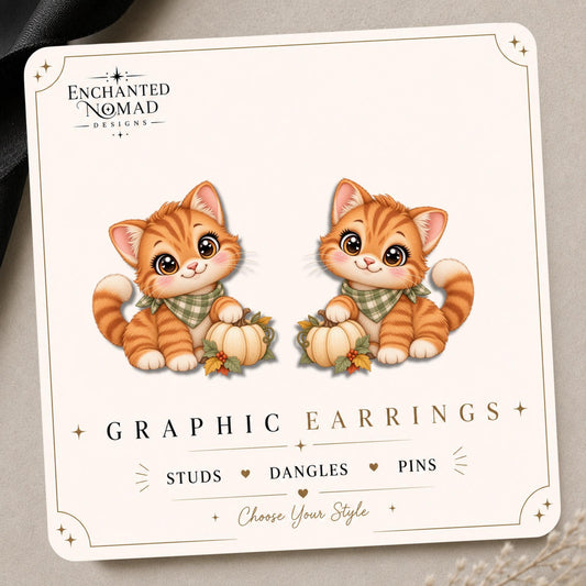 Orange Cat with Pumpkin Earrings & Pins on original display card