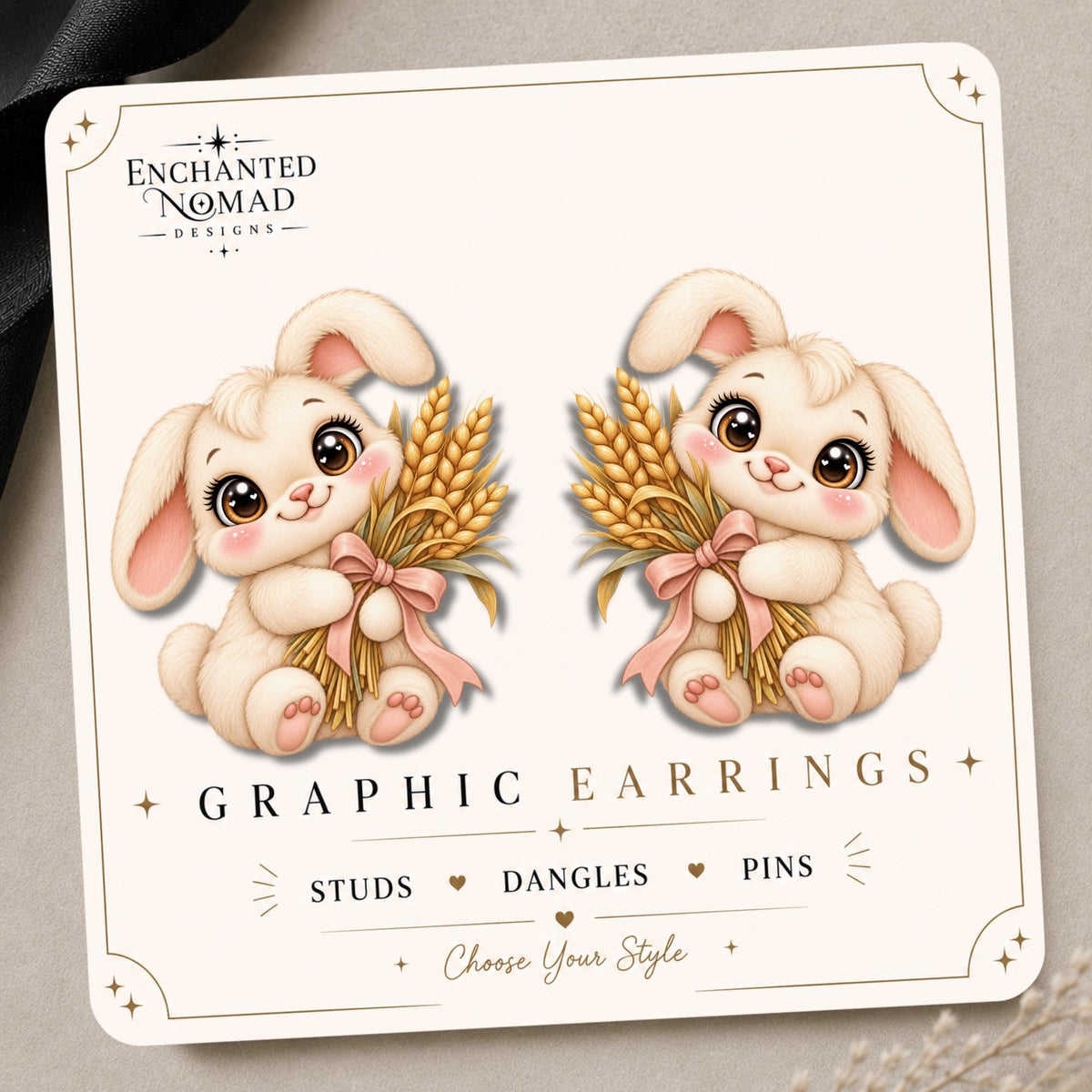 Fall Bunny with Wheat Bouquet Earrings & Pins on original display card