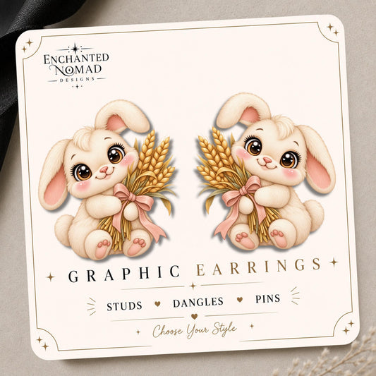 Fall Bunny with Wheat Bouquet Earrings & Pins on original display card