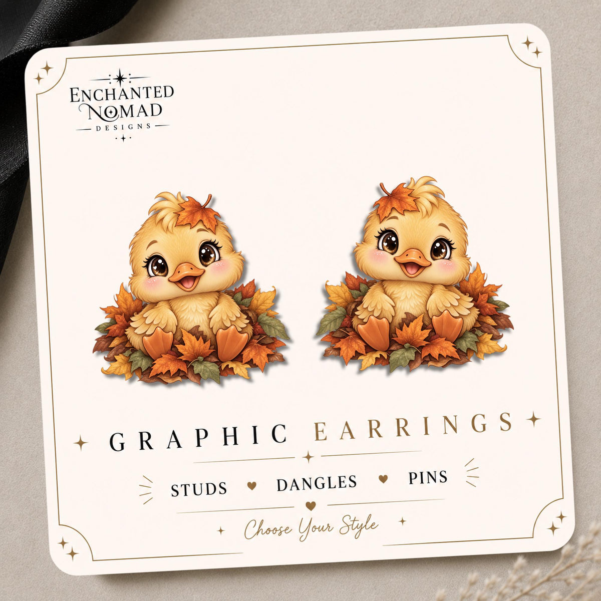 Fall Duckling in Autumn Leaves Earrings & Pins on original display card