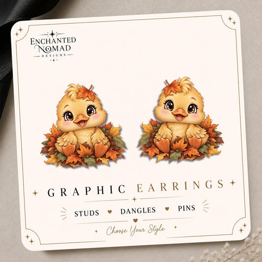 Fall Duckling in Autumn Leaves Earrings & Pins on original display card