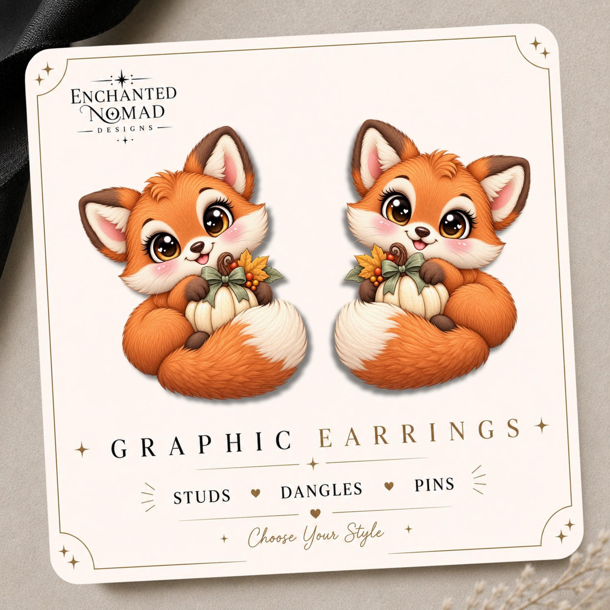 Fall Fox with Pumpkin Earrings & Pins on original display card