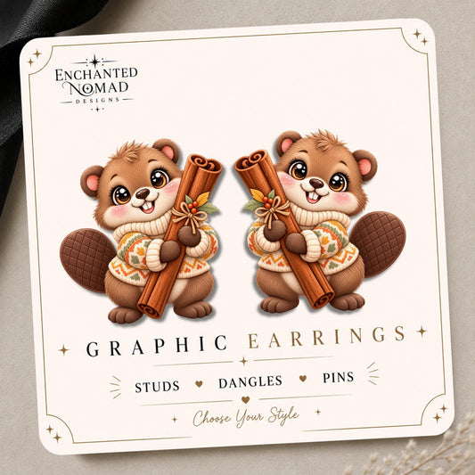 Fall Beaver with Cinnamon Stick Earrings & Pins on original display card