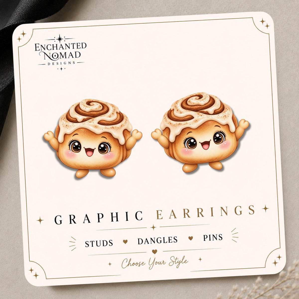 Cinnamon Roll Earrings & Pins on original display card