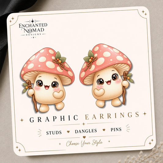 Pink Mushroom Earrings & Pins on original display card