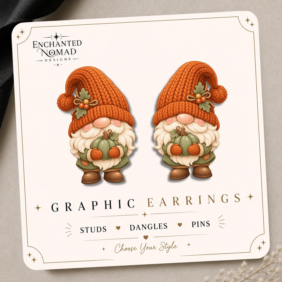 Harvest Gnome with Pumpkins Earrings & Pins on original display card
