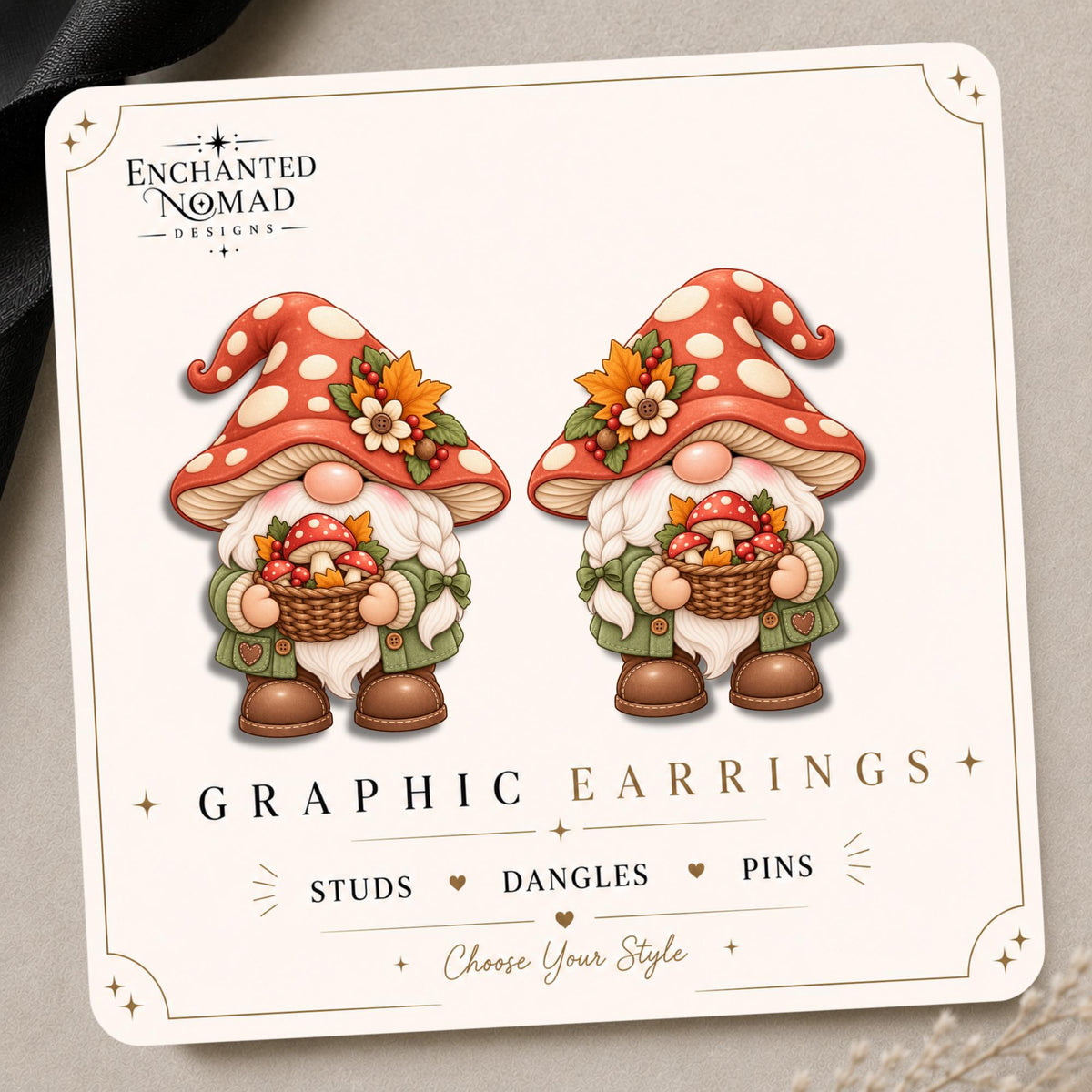Mushroom Gnome Earrings & Pins on original display card