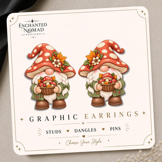 Mushroom Gnome Earrings & Pins on original display card
