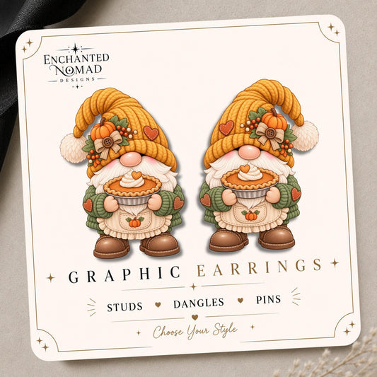 Pumpkin Pie Gnome Earrings & Pins on original display card