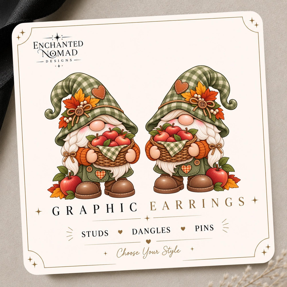 Apple Picking Gnome Earrings & Pins on original display card