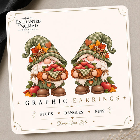 Apple Picking Gnome Earrings & Pins on original display card