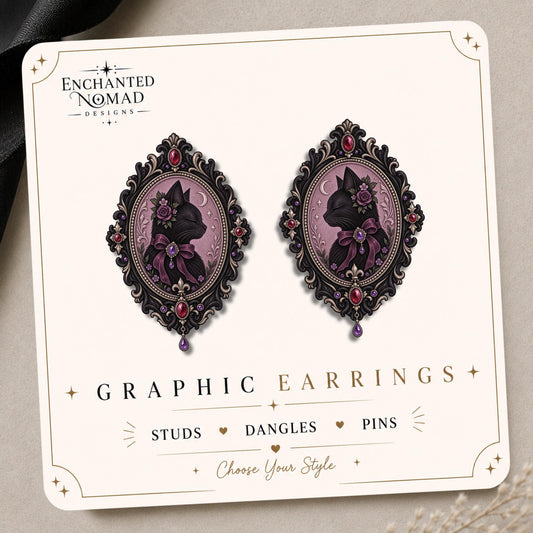 Victorian Gothic Black Cat Earrings & Pins on original display card
