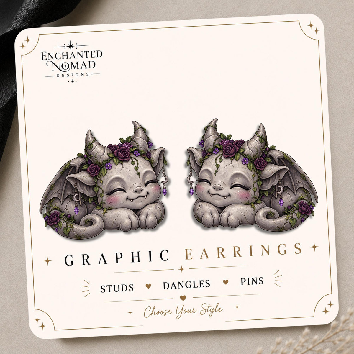 Sleeping Purple Rose Gargoyle Earrings & Pins on original display card