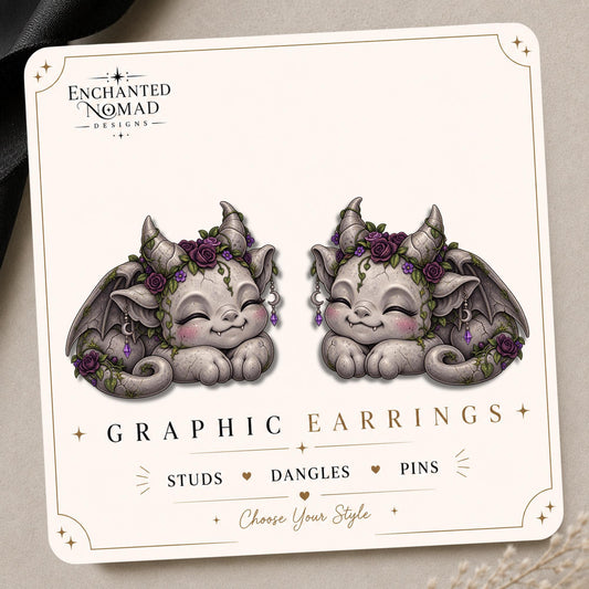 Sleeping Purple Rose Gargoyle Earrings & Pins on original display card