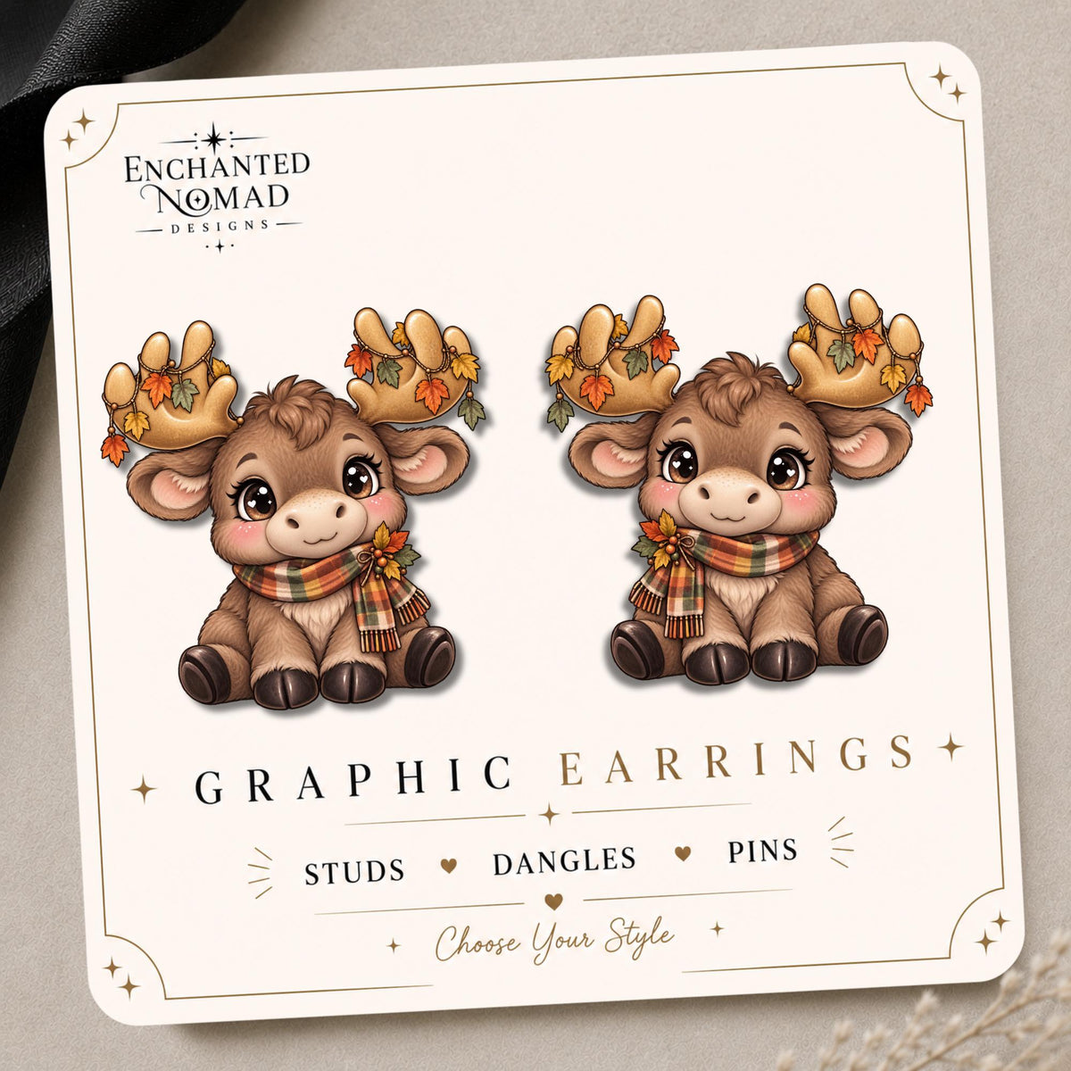 Fall Moose with Plaid Scarf Earrings & Pins on original display card
