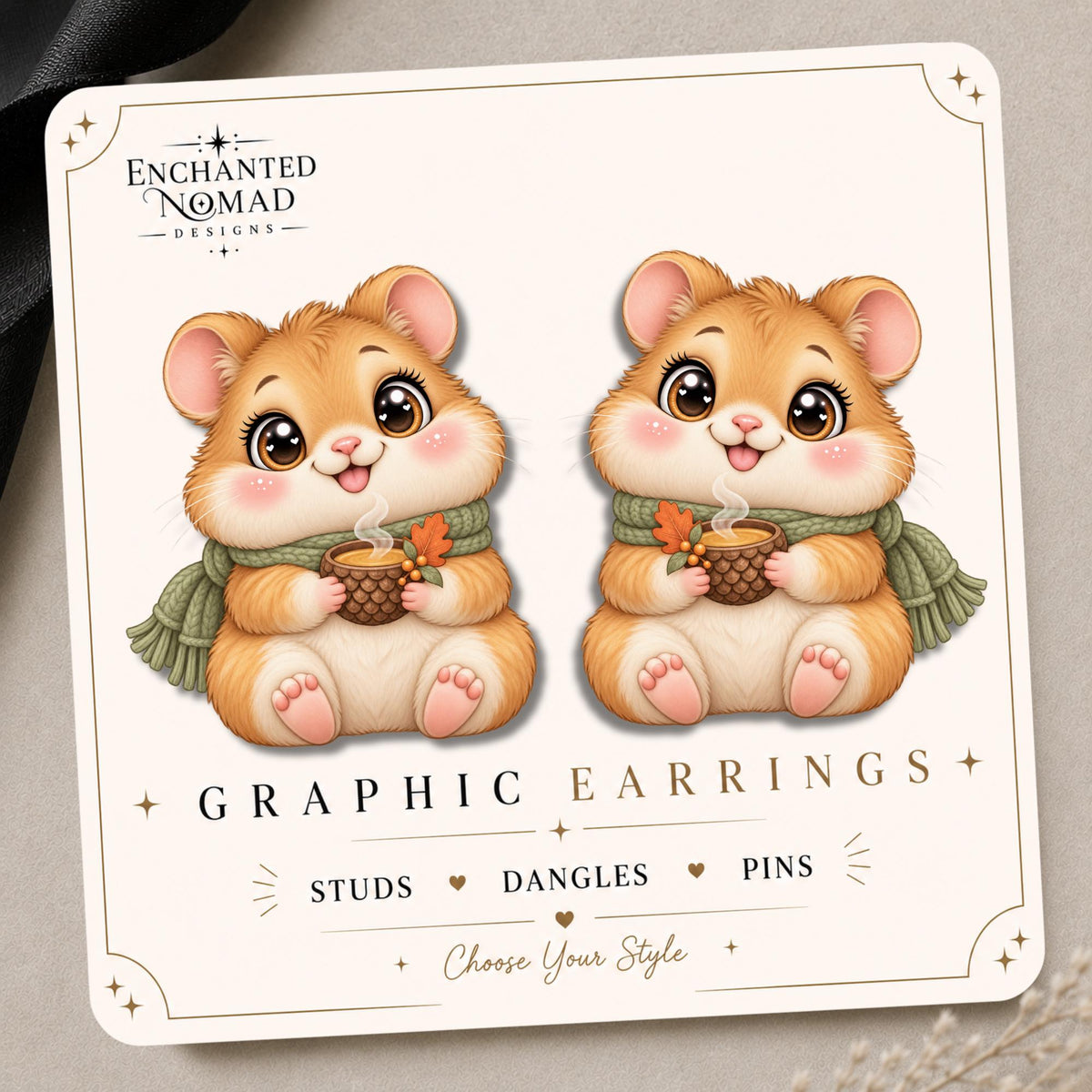 Cozy Fall Hamster with Coffee Earrings & Pins on original display card