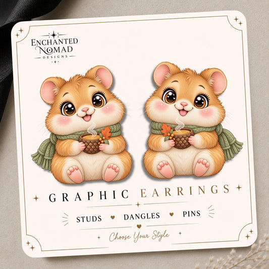 Cozy Fall Hamster with Coffee Earrings & Pins on original display card