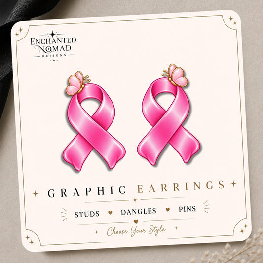 Pink Ribbon with Butterfly Earrings & Pins on original display card