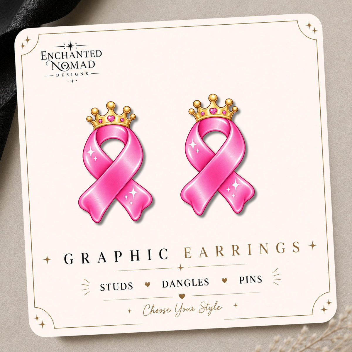 Pink Ribbon Crown Earrings & Pins on original display card