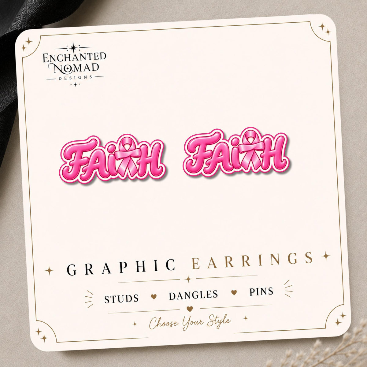 Pink Ribbon Faith Earrings & Pins on original display card