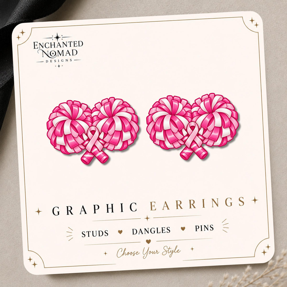Pink Ribbon Cheer Pom Pom Earrings & Pins on original display card