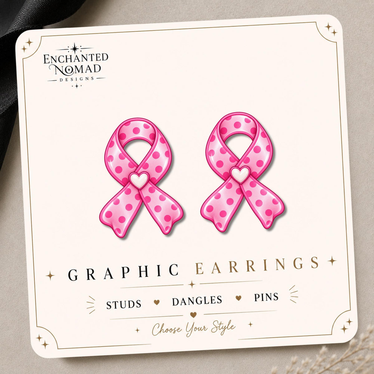 Pink Polka Dot Awareness Ribbon Earrings & Pins on original display card