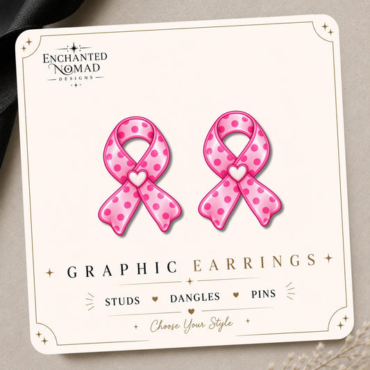Pink Polka Dot Awareness Ribbon Earrings & Pins on original display card