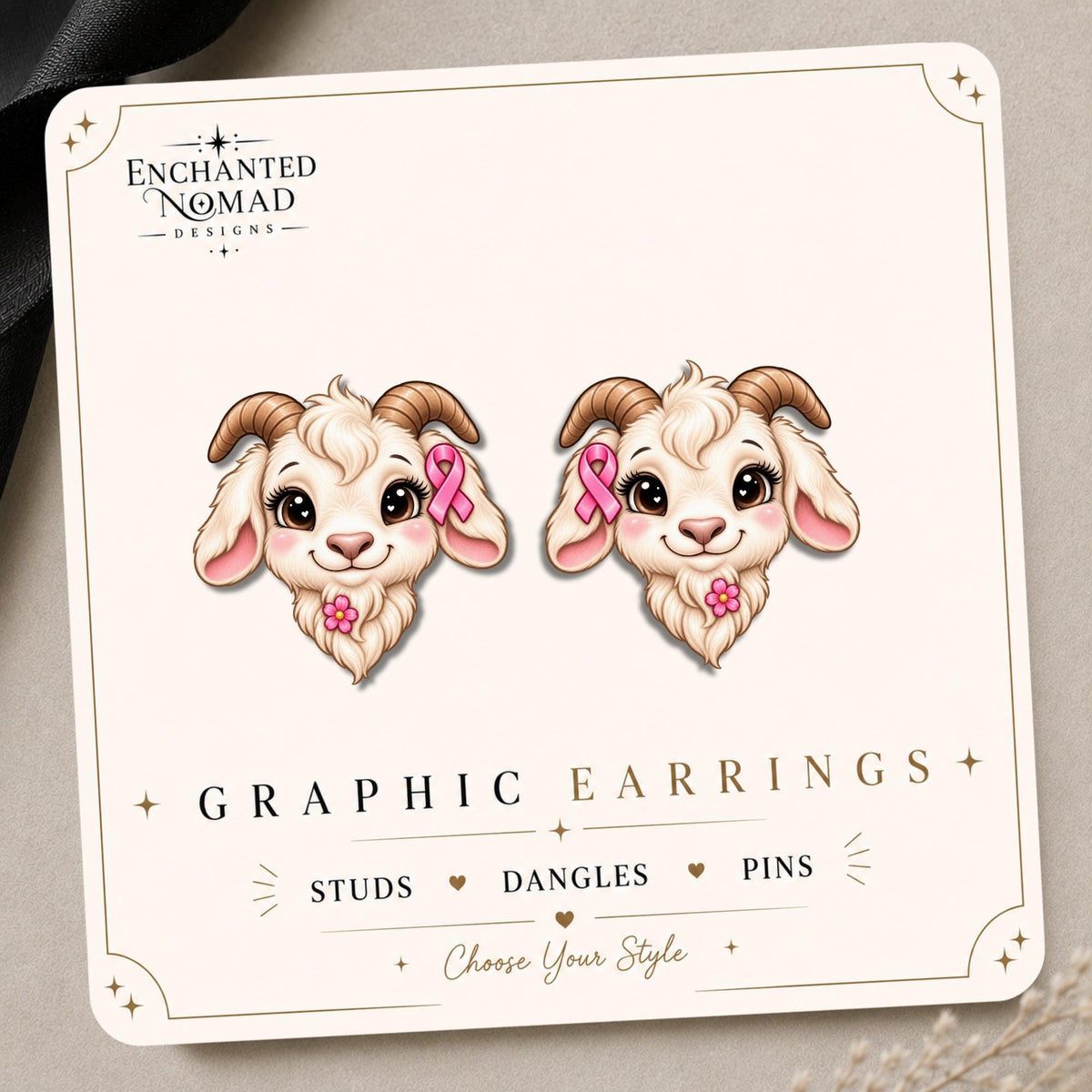 Pink Ribbon Goat Earrings & Pins on original display card